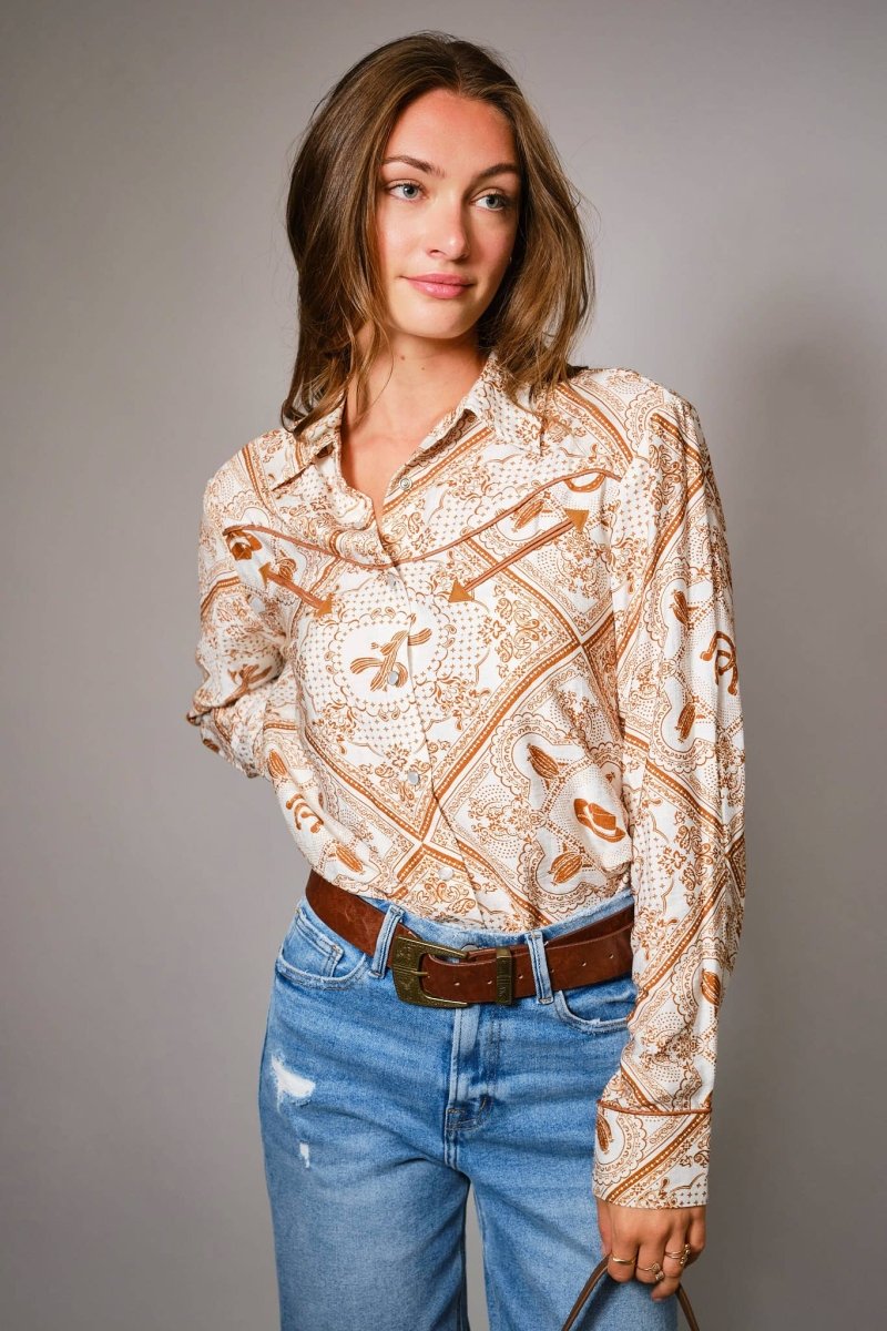 Blue B Western Printed Long Sleeve Button-Up Shirt - Off White Rust - 36841T-OFFWHITE-S