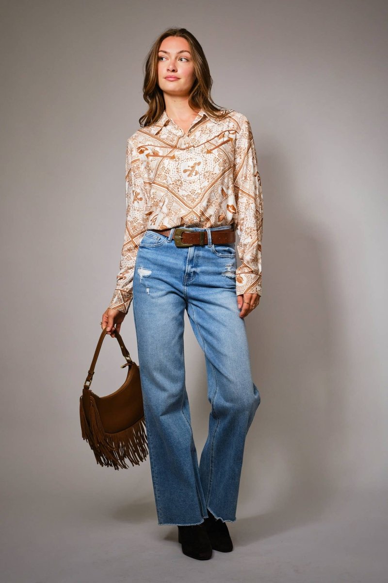 Blue B Western Printed Long Sleeve Button-Up Shirt - Off White Rust - 36841T-OFFWHITE-S