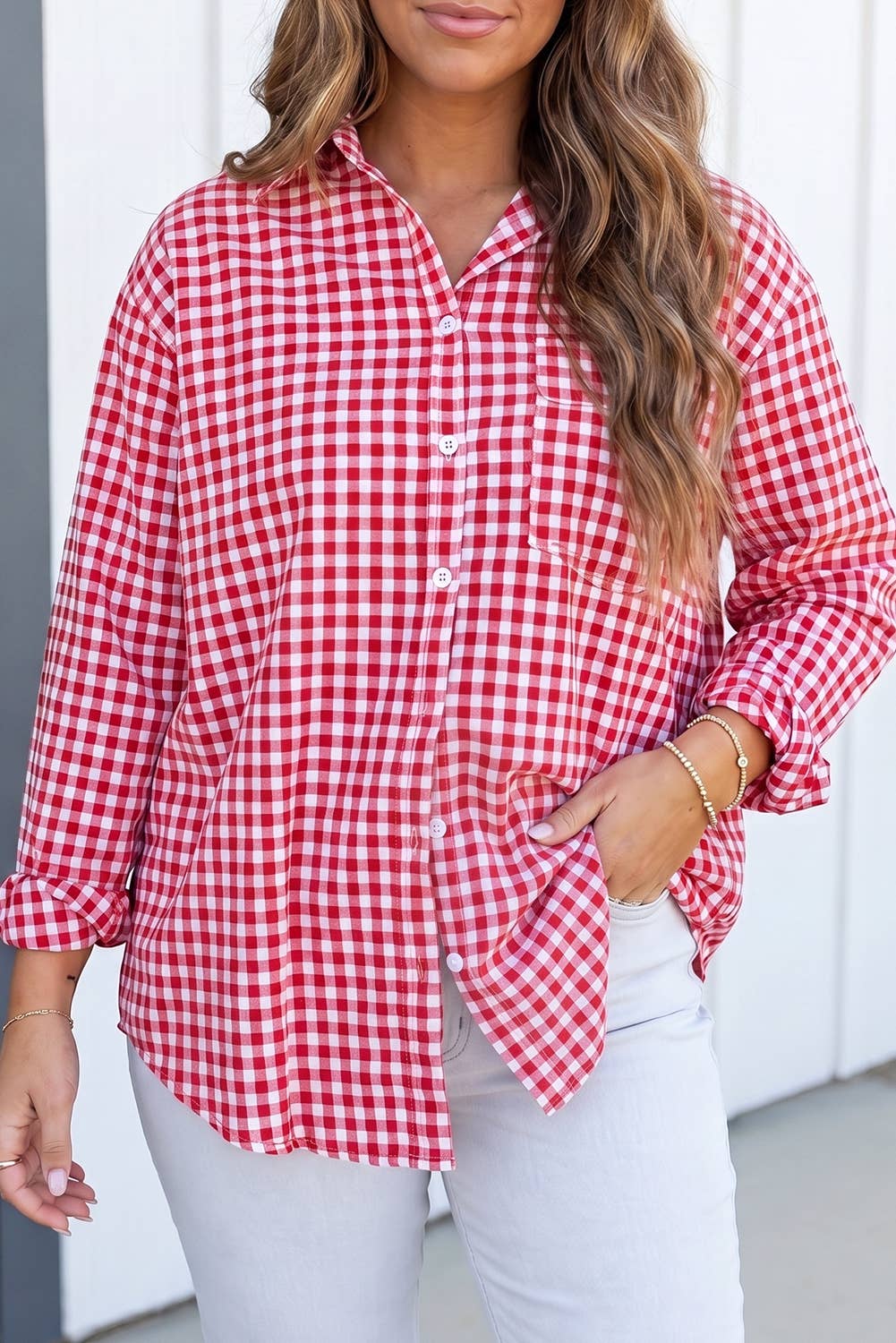 LA Society Las Plaid Tunic Loose Fit Plus Size Shirt - Red