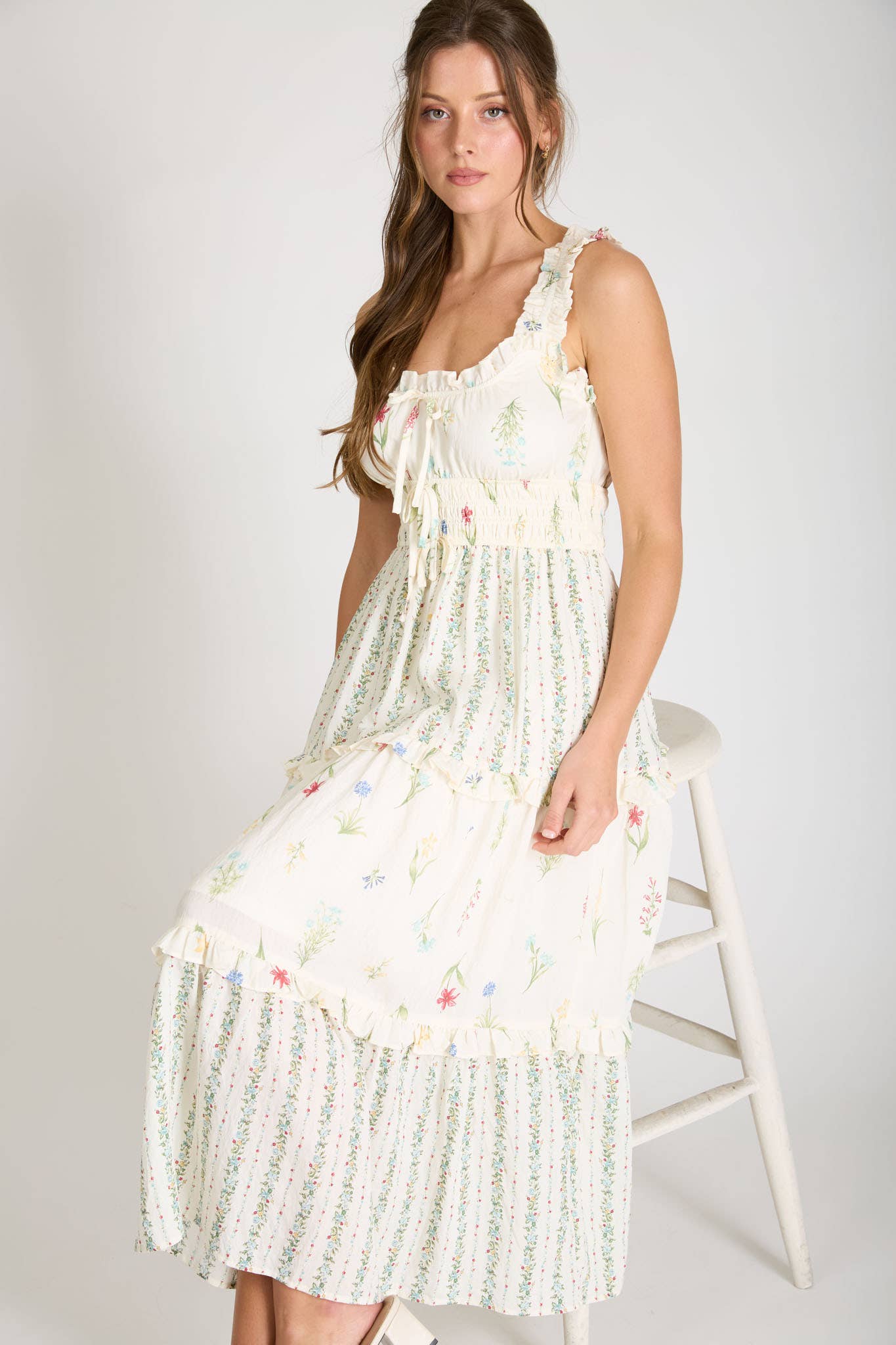 Blu Pepper Floral Colorblock Ruffled Tiered Midi Dress - Ivory Multi