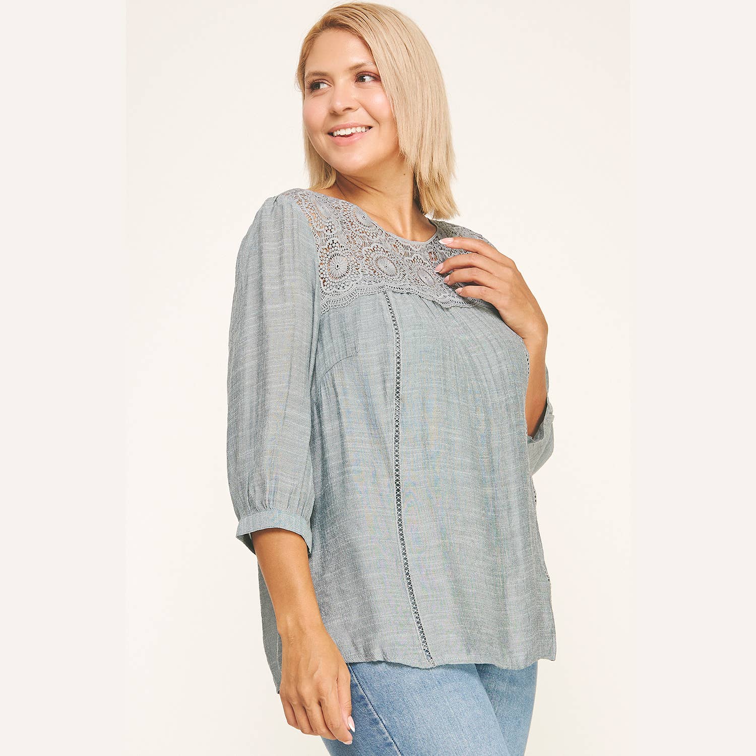 Winslow Collection Plus Size Solid Peasant Blouse w/ Applique Yoke - Denim