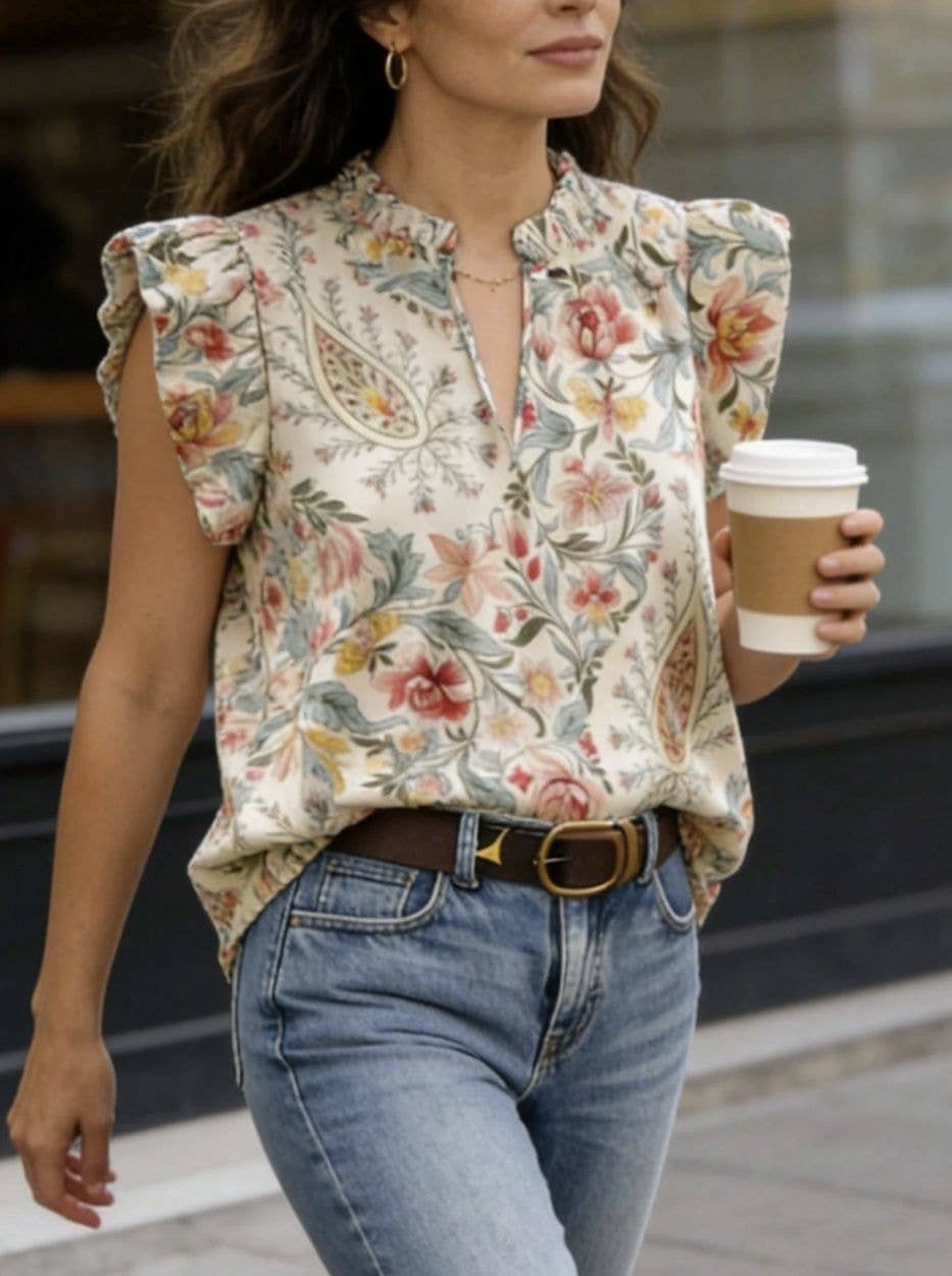 HIDDENBRAND Retro Floral Print Ruffle Flutter Sleeve Blouse - Floral