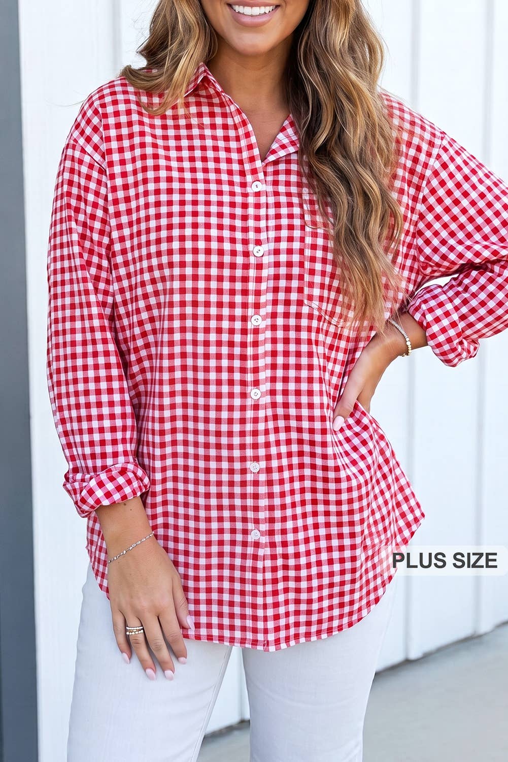 LA Society Las Plaid Tunic Loose Fit Plus Size Shirt - Red
