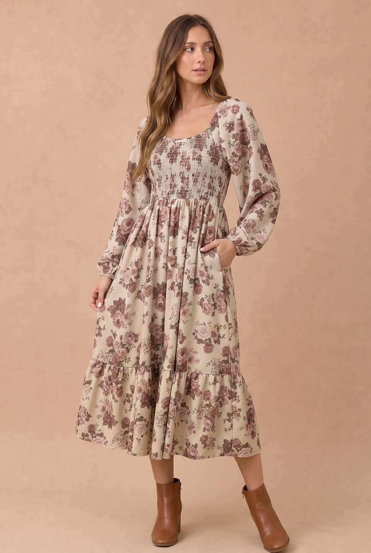 Haptics Women's Floral Smocked Tiered Midi Dress
