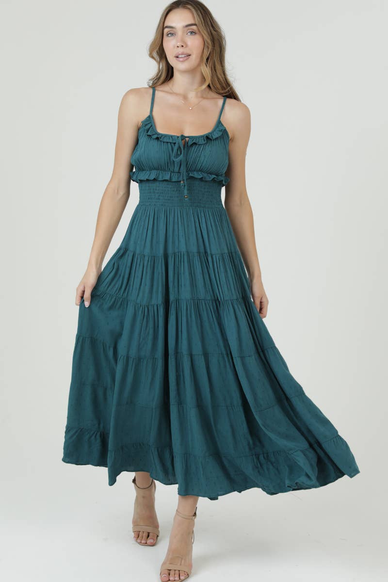 Angie Swiss Dot Ruffle Trim Smocked Waist Tiered Maxi Dress - Dark Sea