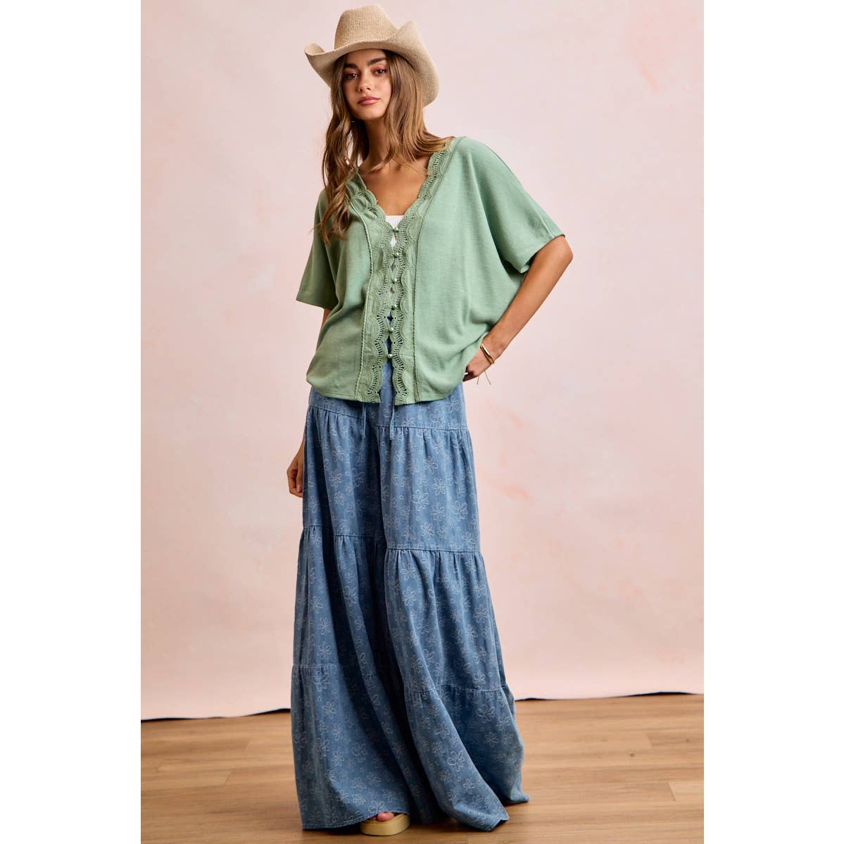 BiBi Floral Tiered Flare Denim Pants - Denim