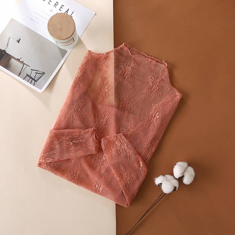 HIDDENBRAND Women's Floral Lace Sheer Mesh Layering See-Through Top - Rust