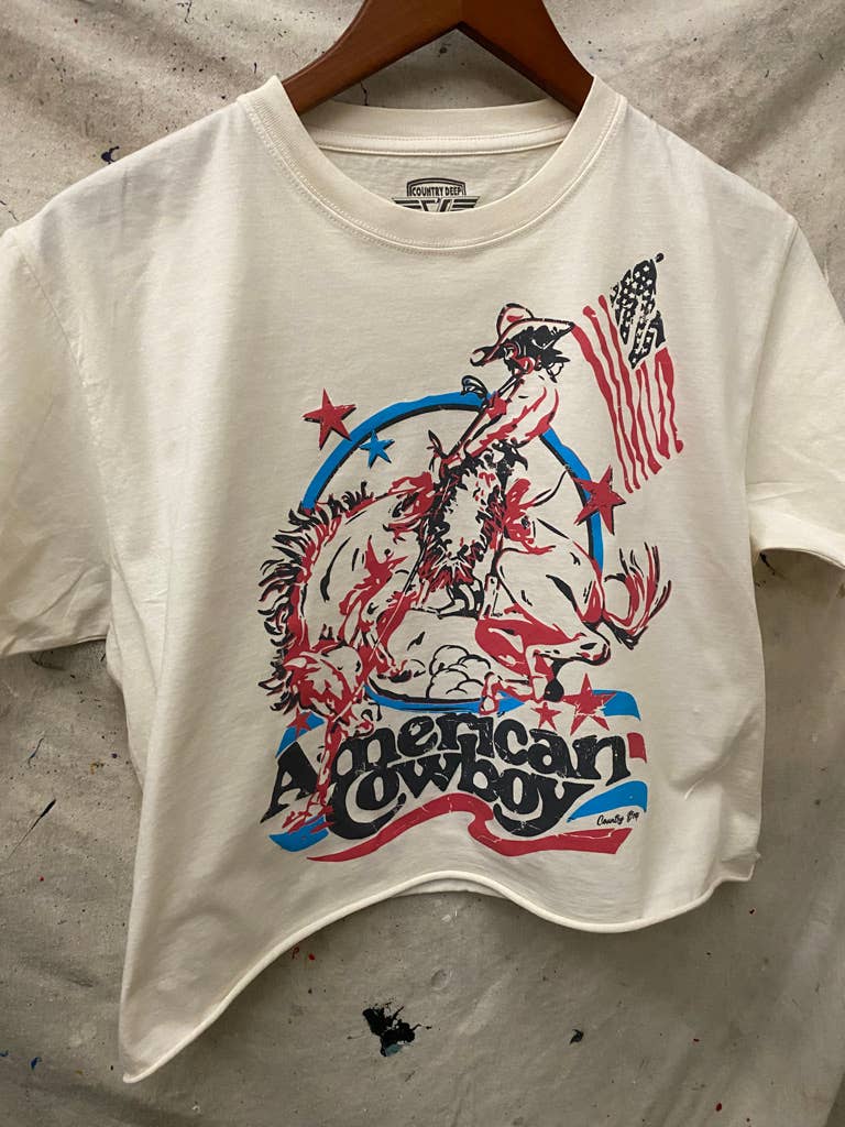 Country Deep Apparel American Cowboy Vintage Relaxed Cropped T-Shirt - Natural - AMERICANCB-S