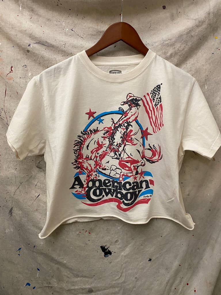 Country Deep Apparel American Cowboy Vintage Relaxed Cropped T-Shirt - Natural - AMERICANCB-S
