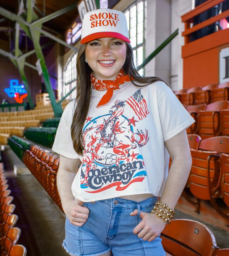 Country Deep Apparel American Cowboy Vintage Relaxed Cropped T-Shirt - Natural - AMERICANCB-S