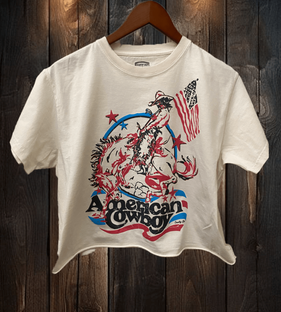 Country Deep Apparel American Cowboy Vintage Relaxed Cropped T-Shirt - Natural - AMERICANCB-S