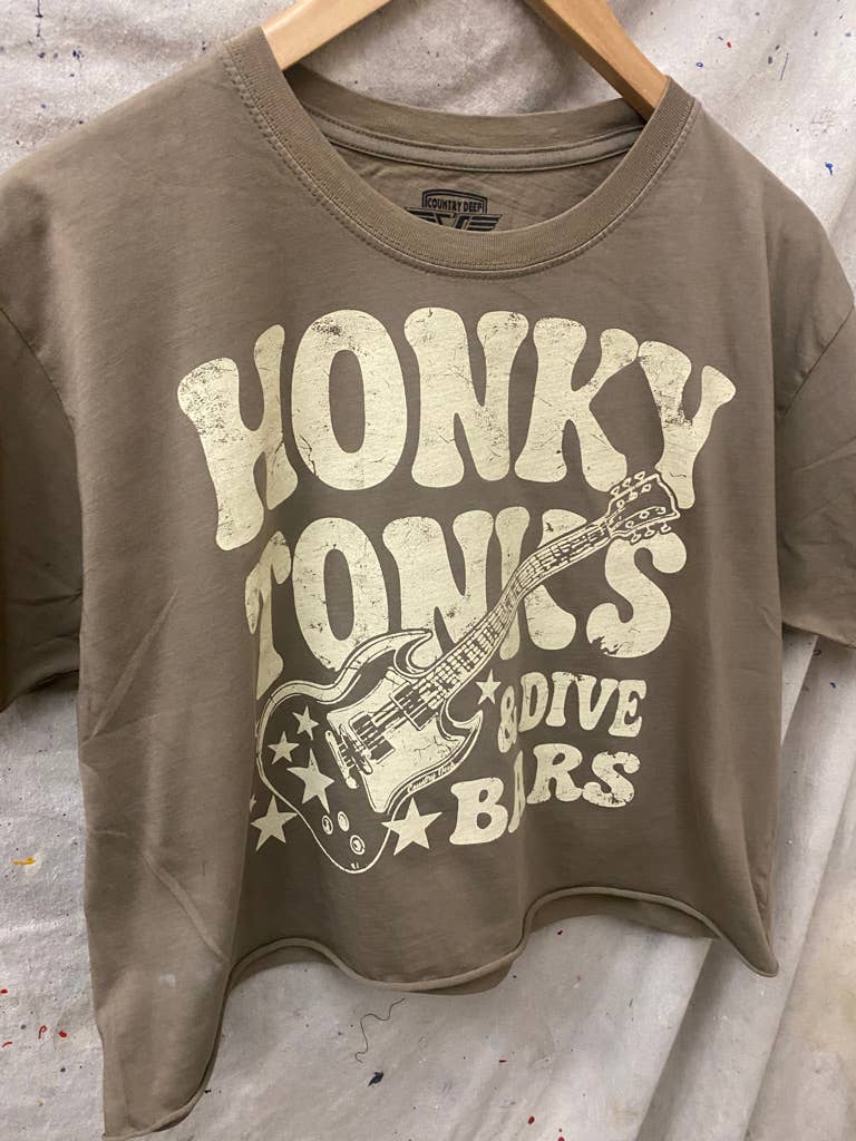 Country Deep Apparel Honky Tonks & Dive Bars Relaxed Cropped T-Shirt - Natural - HONKYT&DB-CROP-S