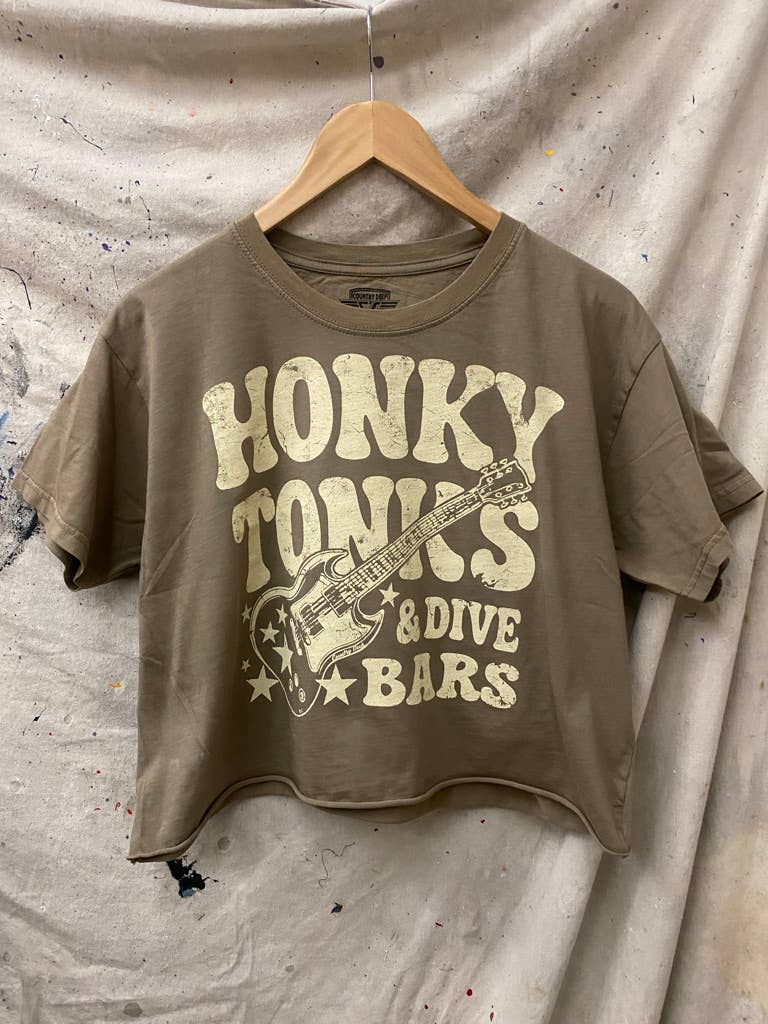 Country Deep Apparel Honky Tonks & Dive Bars Relaxed Cropped T-Shirt - Natural - HONKYT&DB-CROP-S