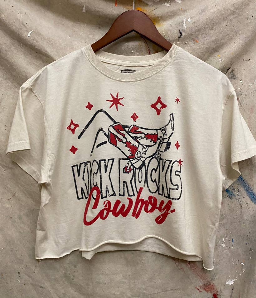 Country Deep Apparel Kick Rocks Cowboy Vintage Relaxed Cropped T-Shirt - Natural - KICKROCKSCB-S