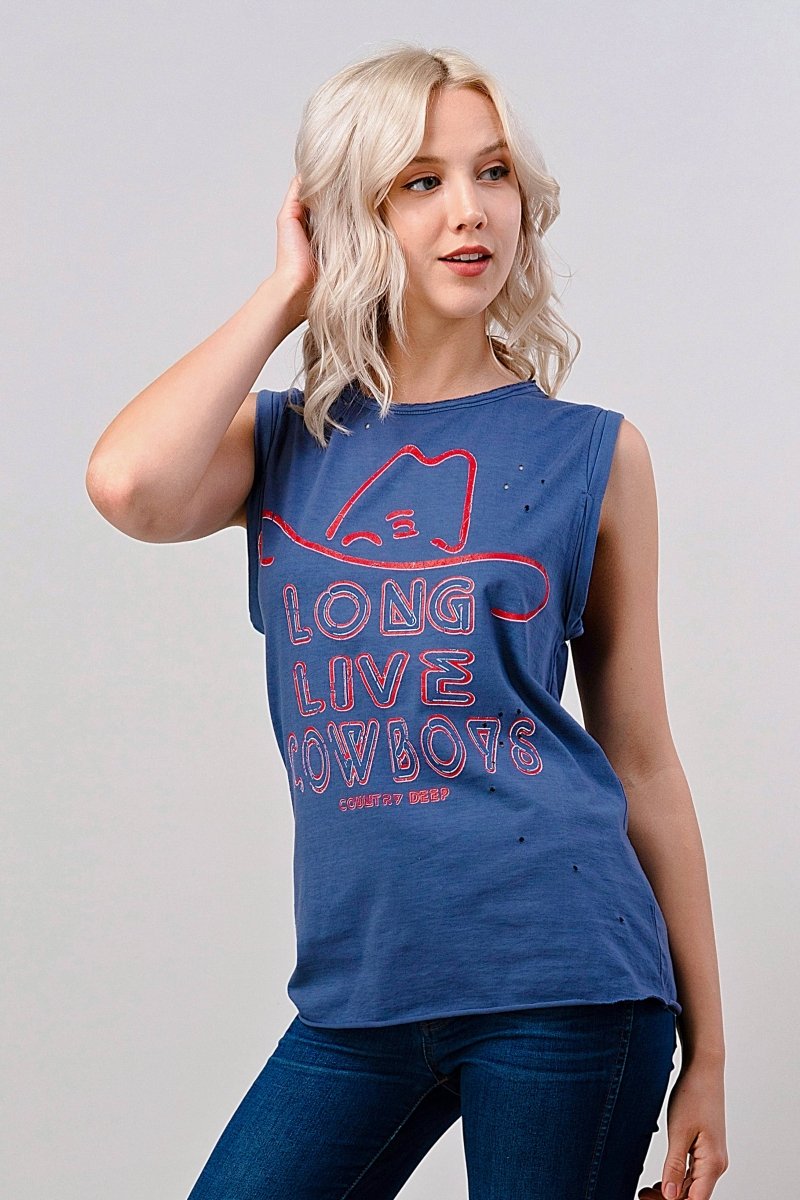 Country Deep Apparel Long Live Cowboy Relaxed Fit Distressed Rolled Sleeve Muscle Top - Faded Navy - LONGLIVECB-S