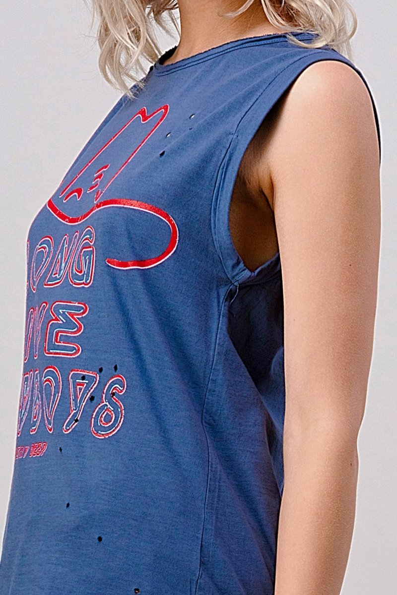 Country Deep Apparel Long Live Cowboy Relaxed Fit Distressed Rolled Sleeve Muscle Top - Faded Navy - LONGLIVECB-S