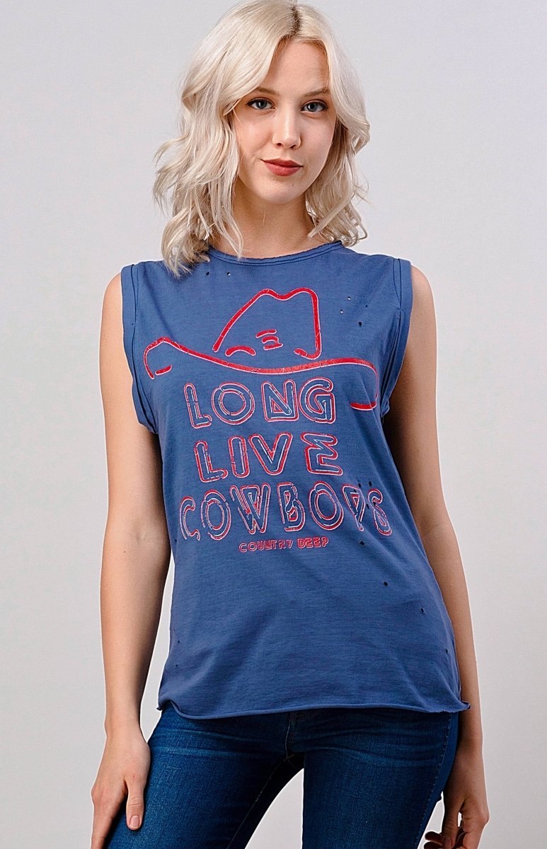Country Deep Apparel Long Live Cowboy Relaxed Fit Distressed Rolled Sleeve Muscle Top - Faded Navy - LONGLIVECB-S