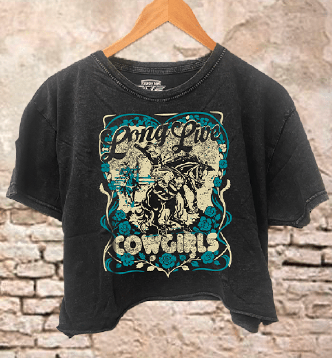 Country Deep Apparel Long Live Cowgirls Relaxed Cropped Acid Wash T-Shirt - Black - LONGLIVECG-S
