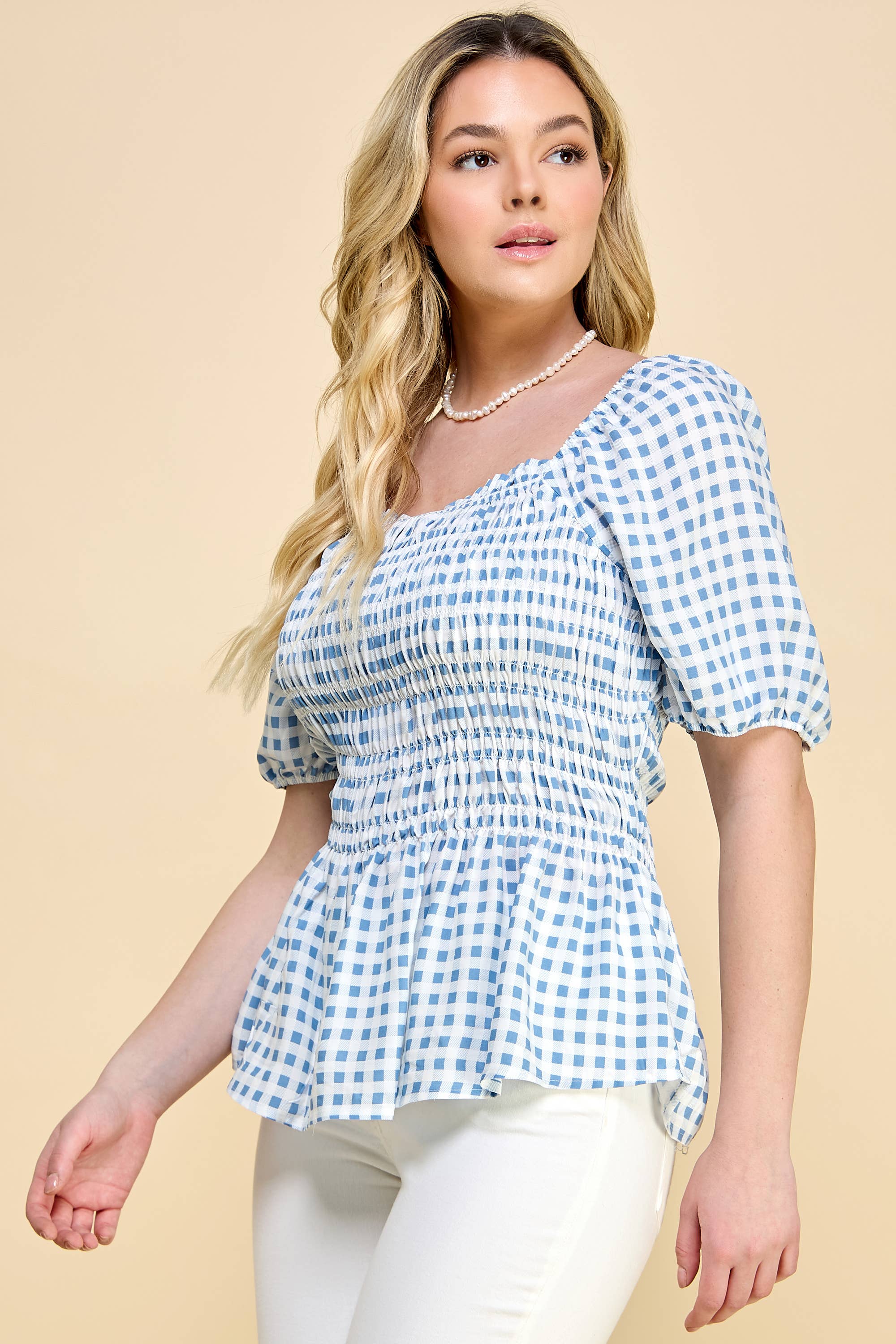 Winslow Collection Plus Size Puff Sleeve Smock Baby Doll Top - Ivory/Denim
