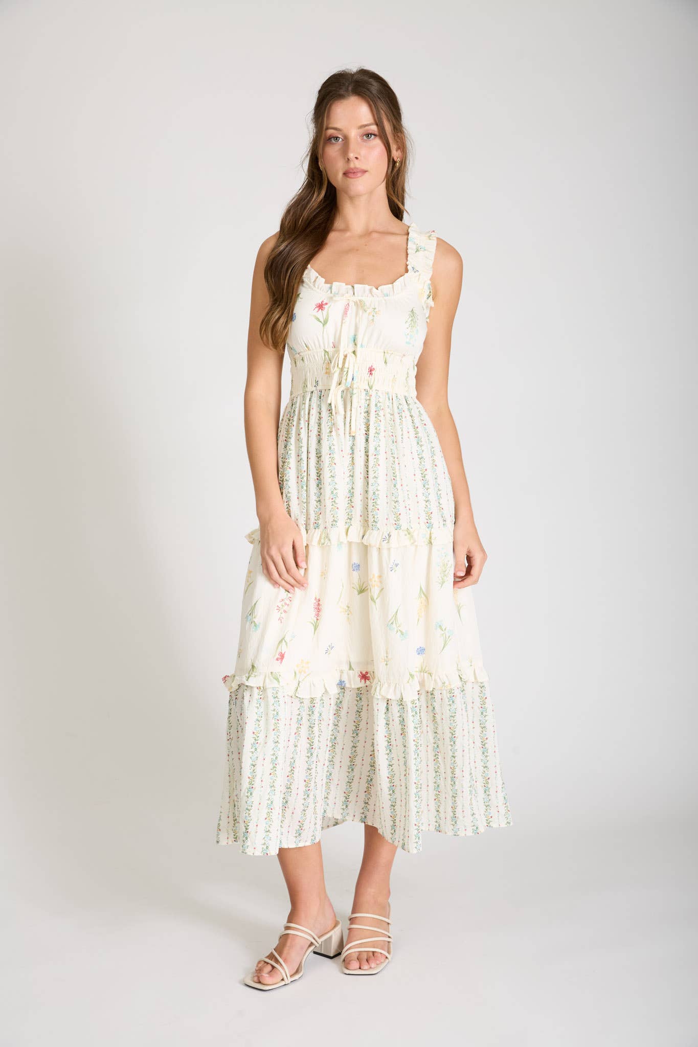 Blu Pepper Floral Colorblock Ruffled Tiered Midi Dress - Ivory Multi
