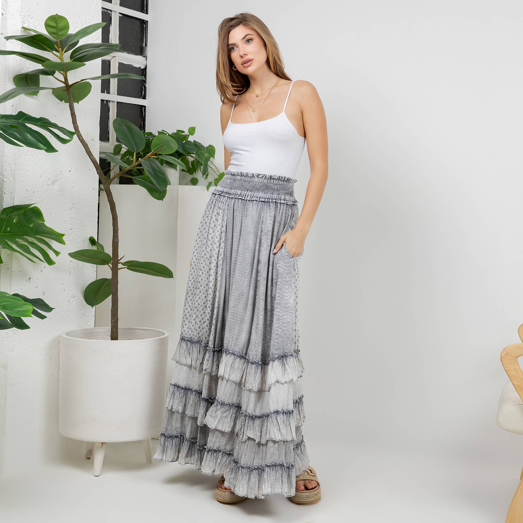 Young Threads Rustic Textured Smocked Waist Ruffled Tiered Maxi Skirt - Grey