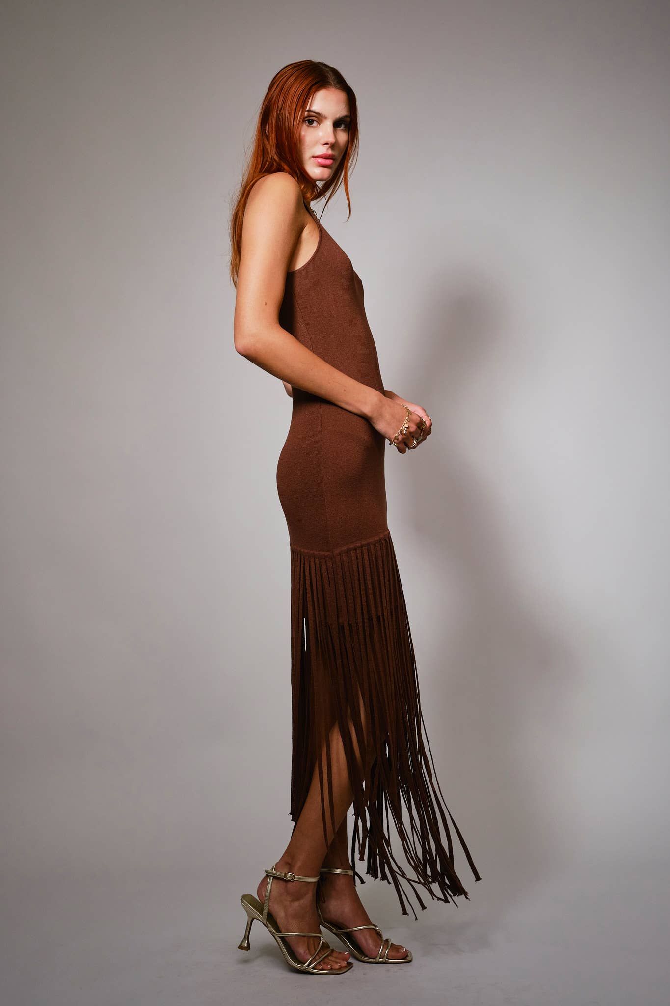 Blue B Fringe Hem Knit Maxi Dress - Dark Brown
