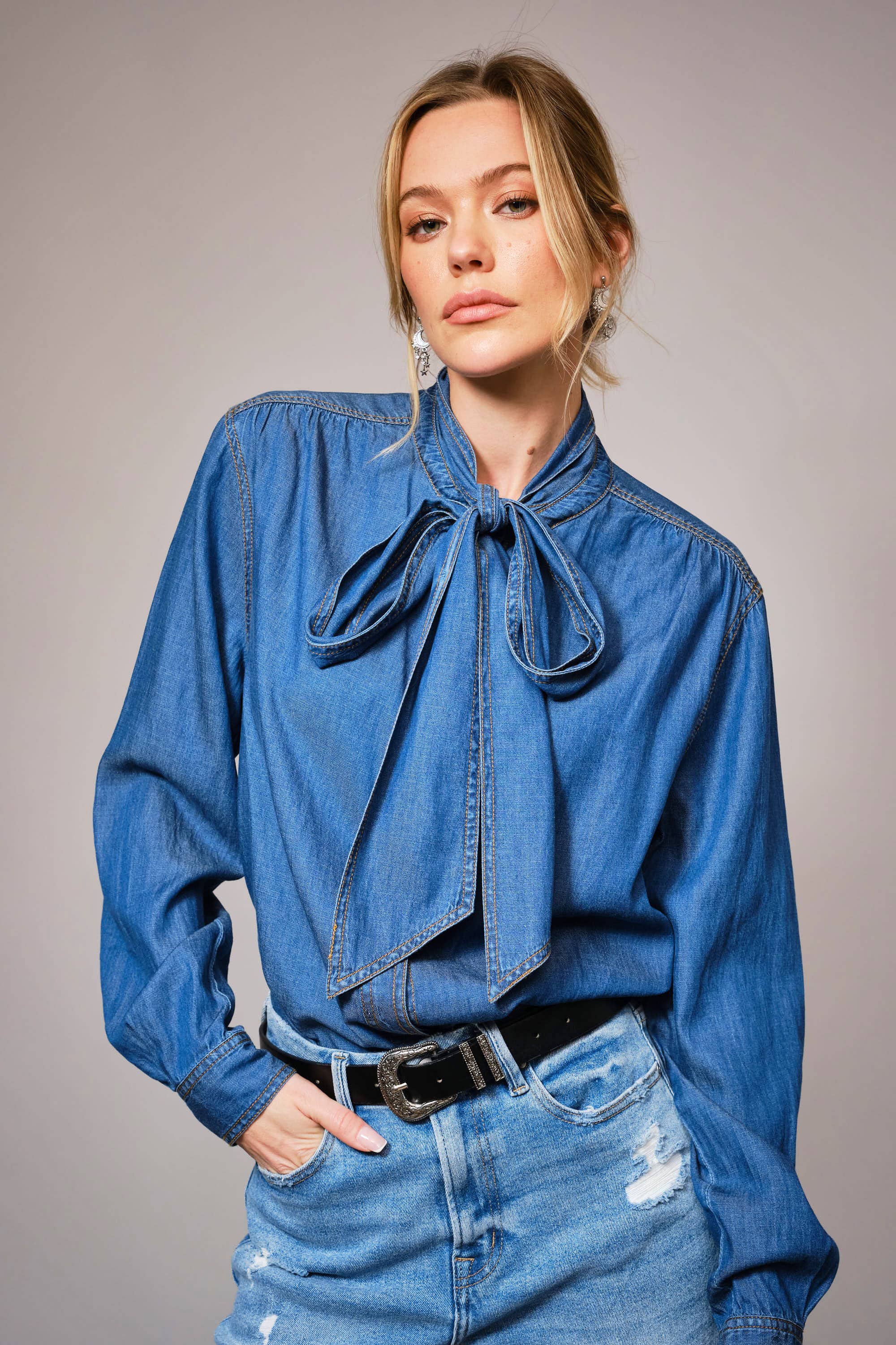 Blue B Cotton Tencel Blend Tie Neck Hidden Button Up Chambray Blouse - Medium Wash