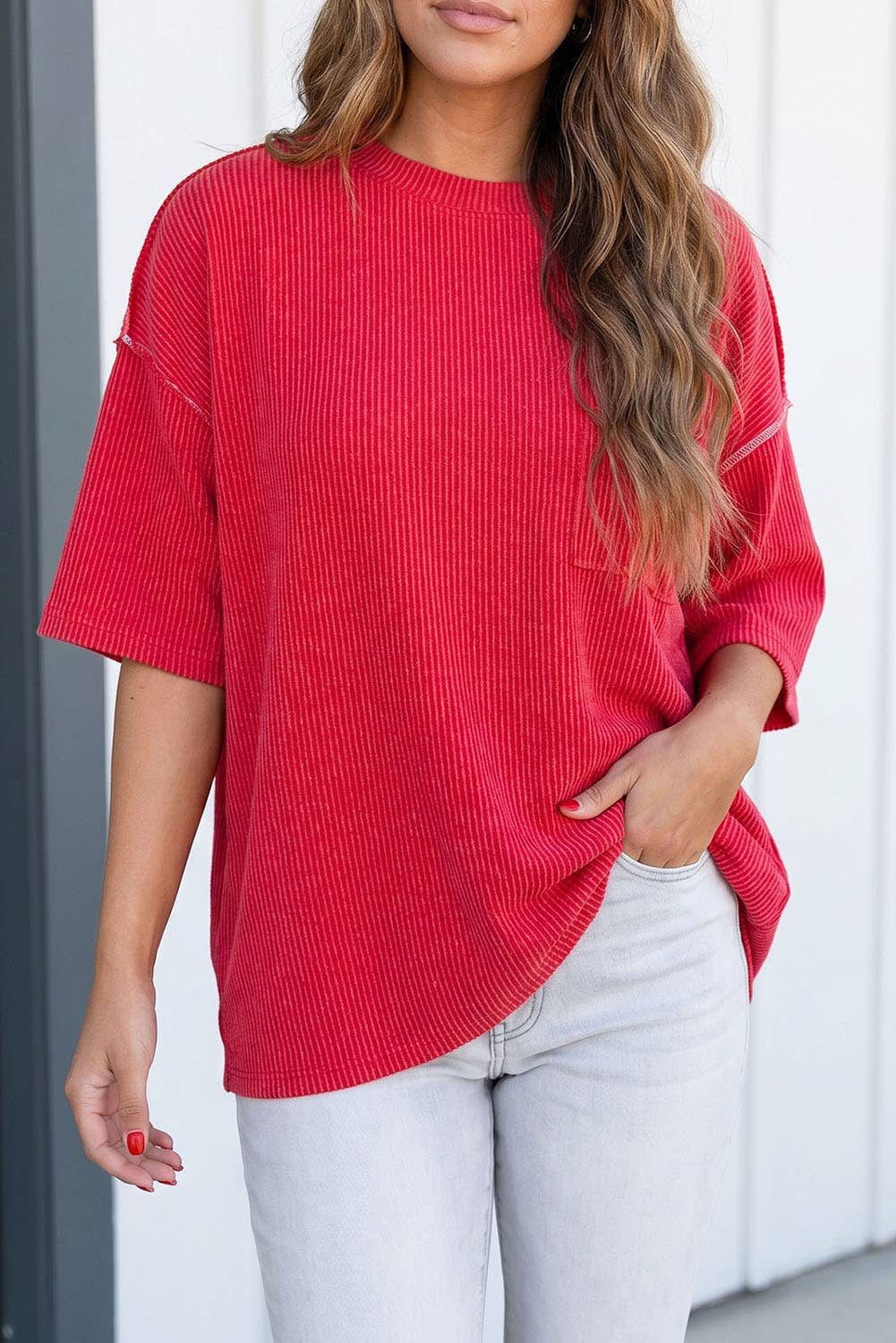 LA Society Las Ribbed Bracelet Sleeve Plus Size Blouse - Fiery Red