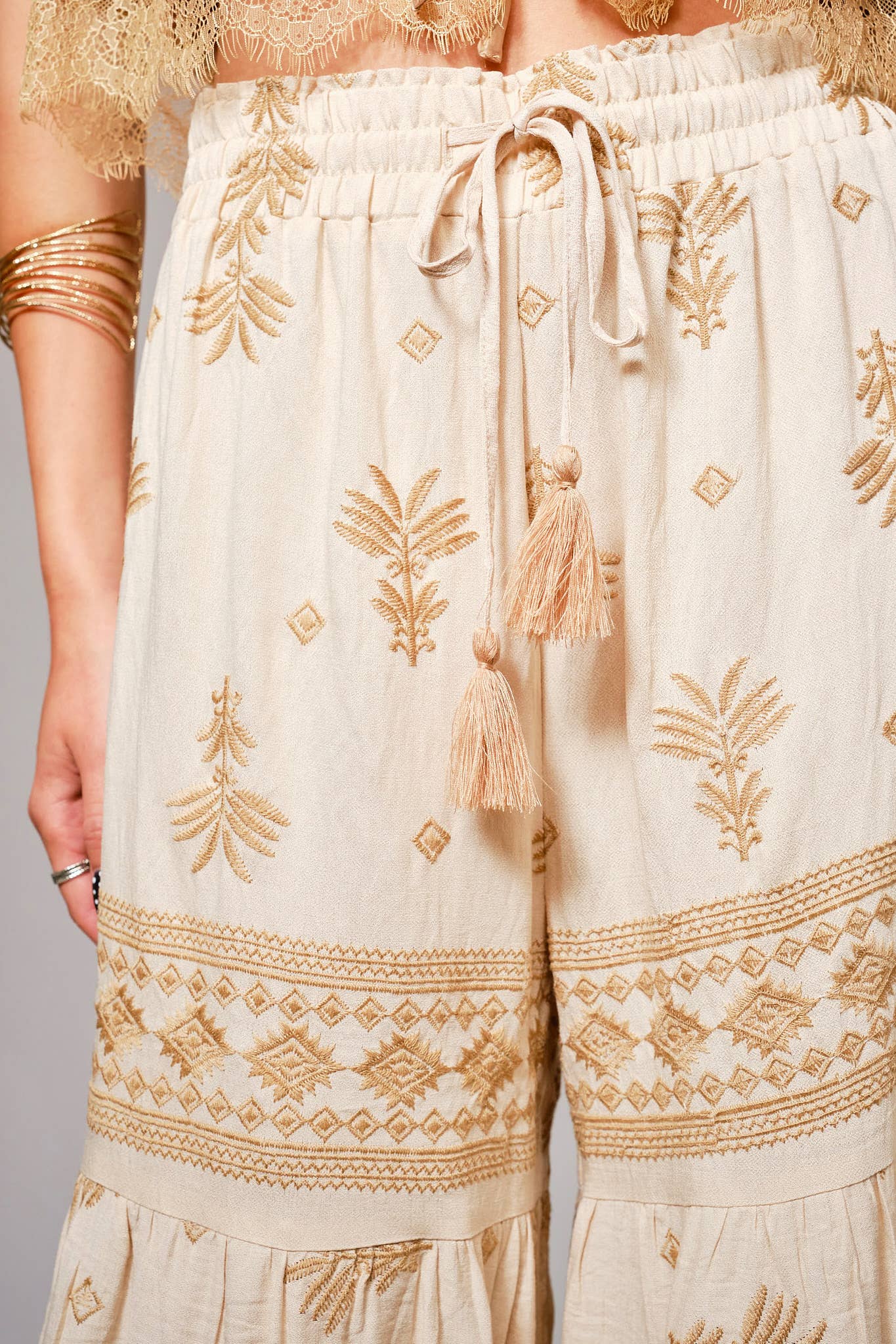 Blue B Embroidered Tassel Tie Front Tiered Palazzo Pants - Beige