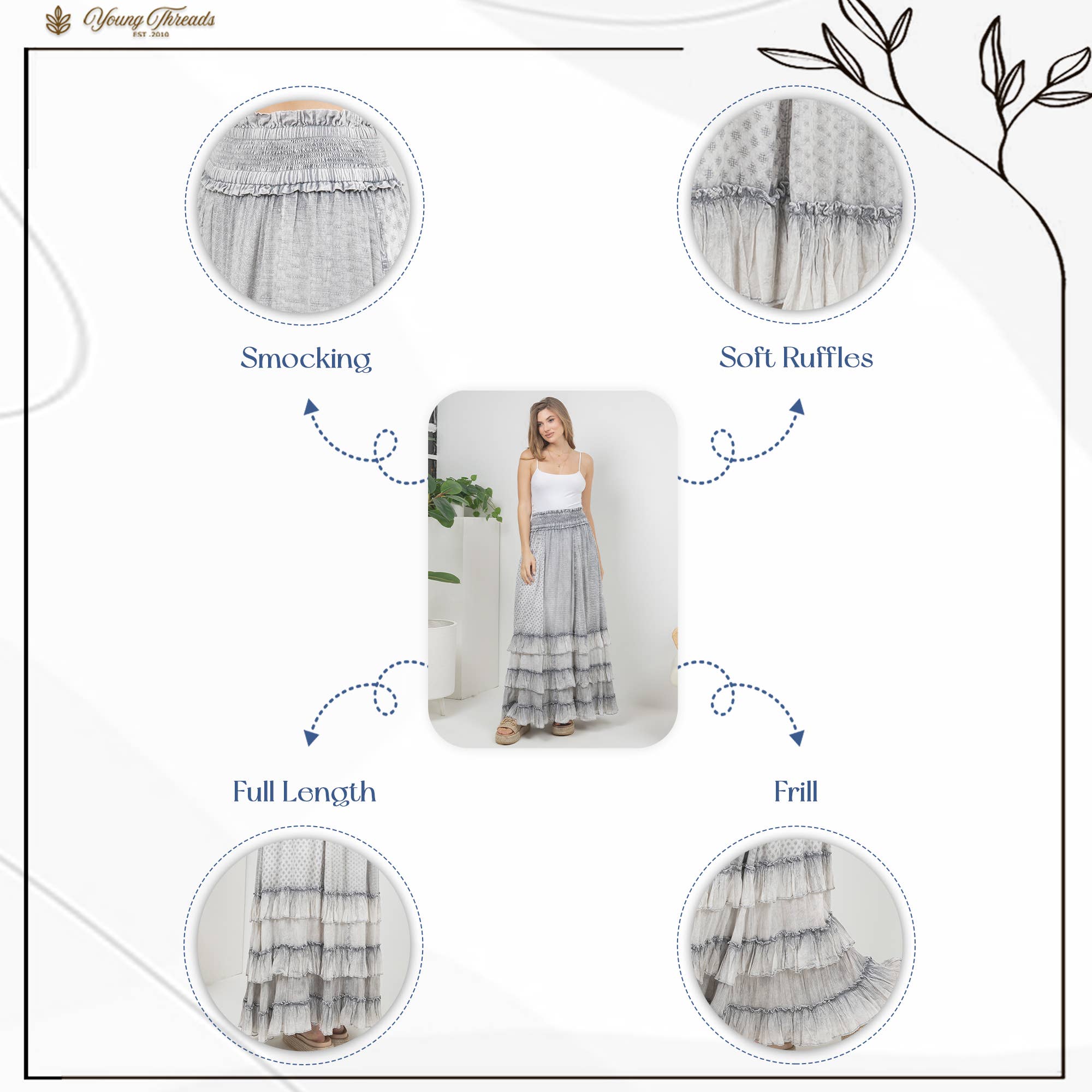 Young Threads Rustic Textured Smocked Waist Ruffled Tiered Maxi Skirt - Grey