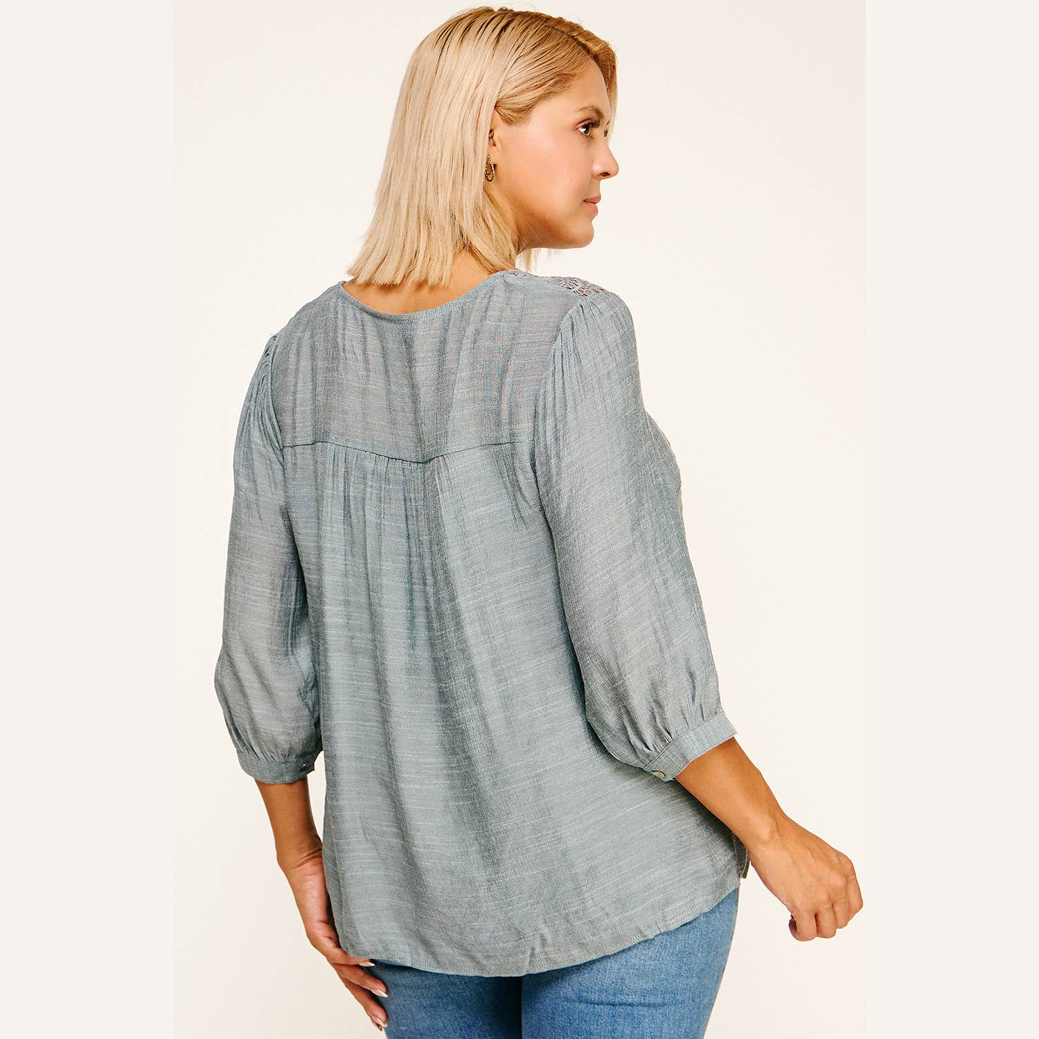 Winslow Collection Plus Size Solid Peasant Blouse w/ Applique Yoke - Denim