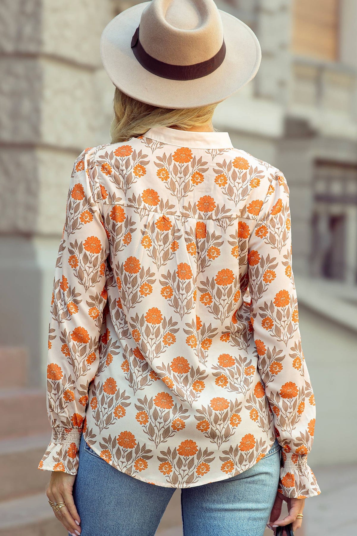1 the Woman Floral Print V Neck Long Sleeve Casual Shift Blouse - Orange