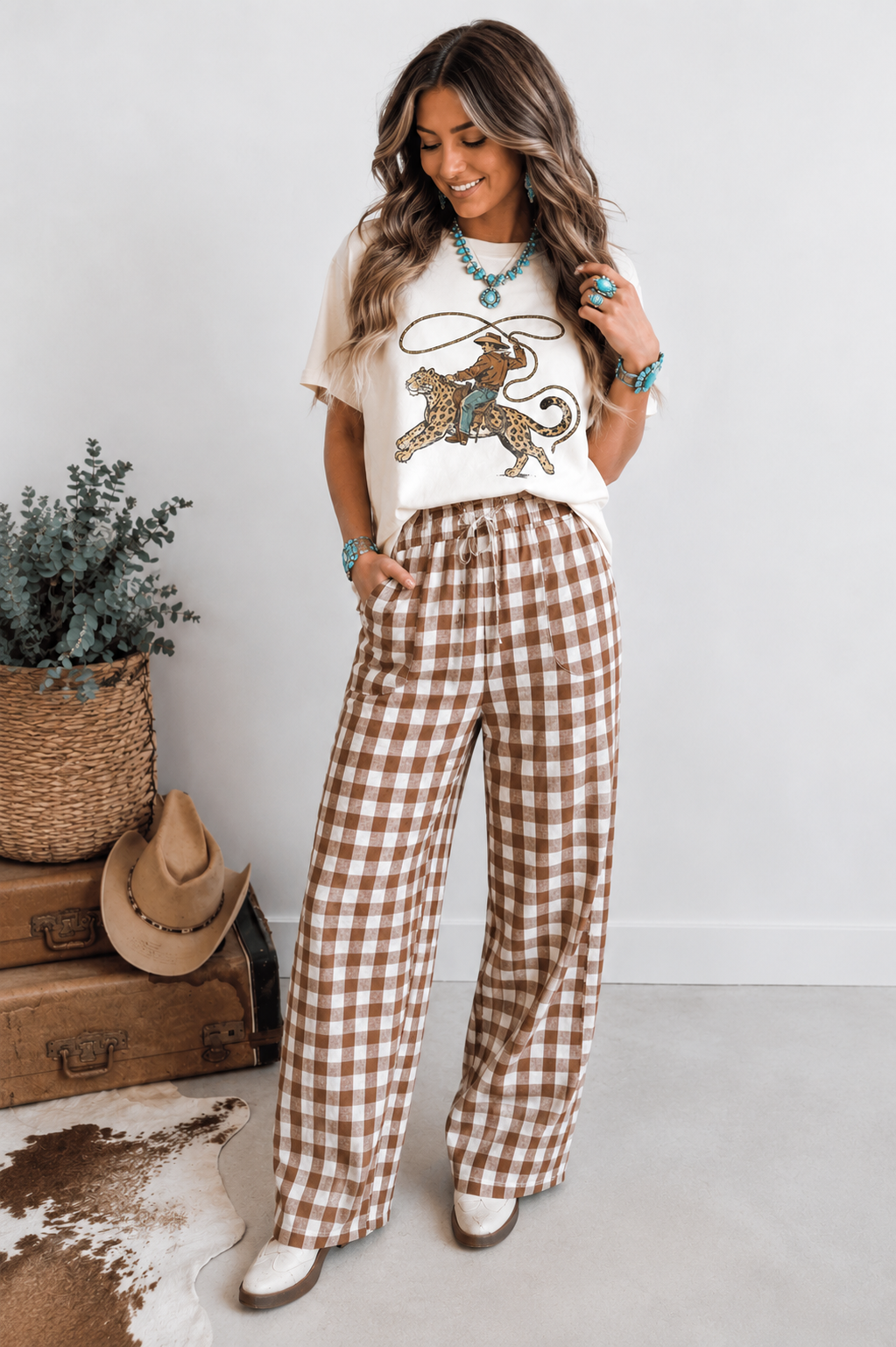 Thomas & Co Women's Gingham Plaid Tie Elastic Waist Shift Pants