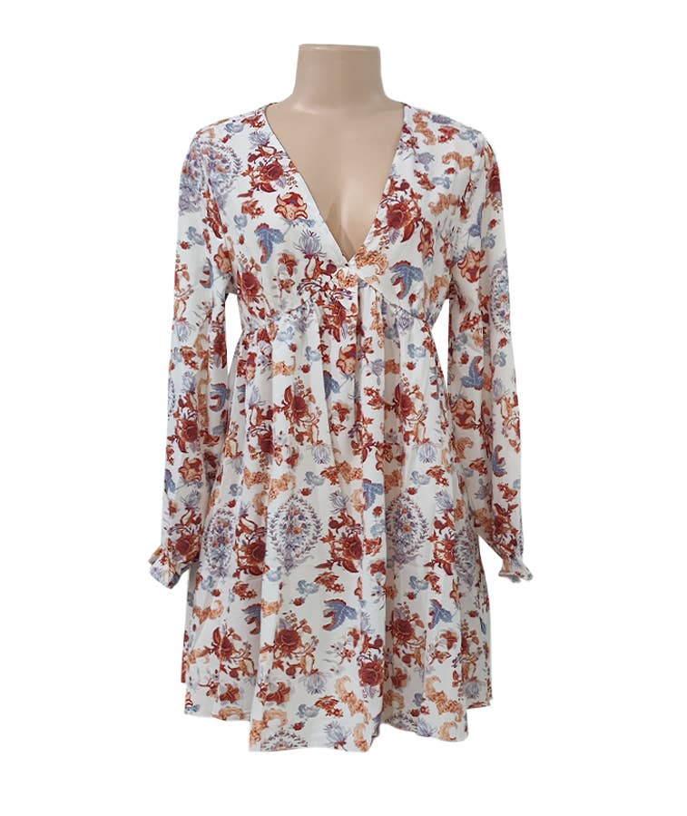 Rosa Clothing V-Neck Bohemian Floral Mini Dress - Décor
