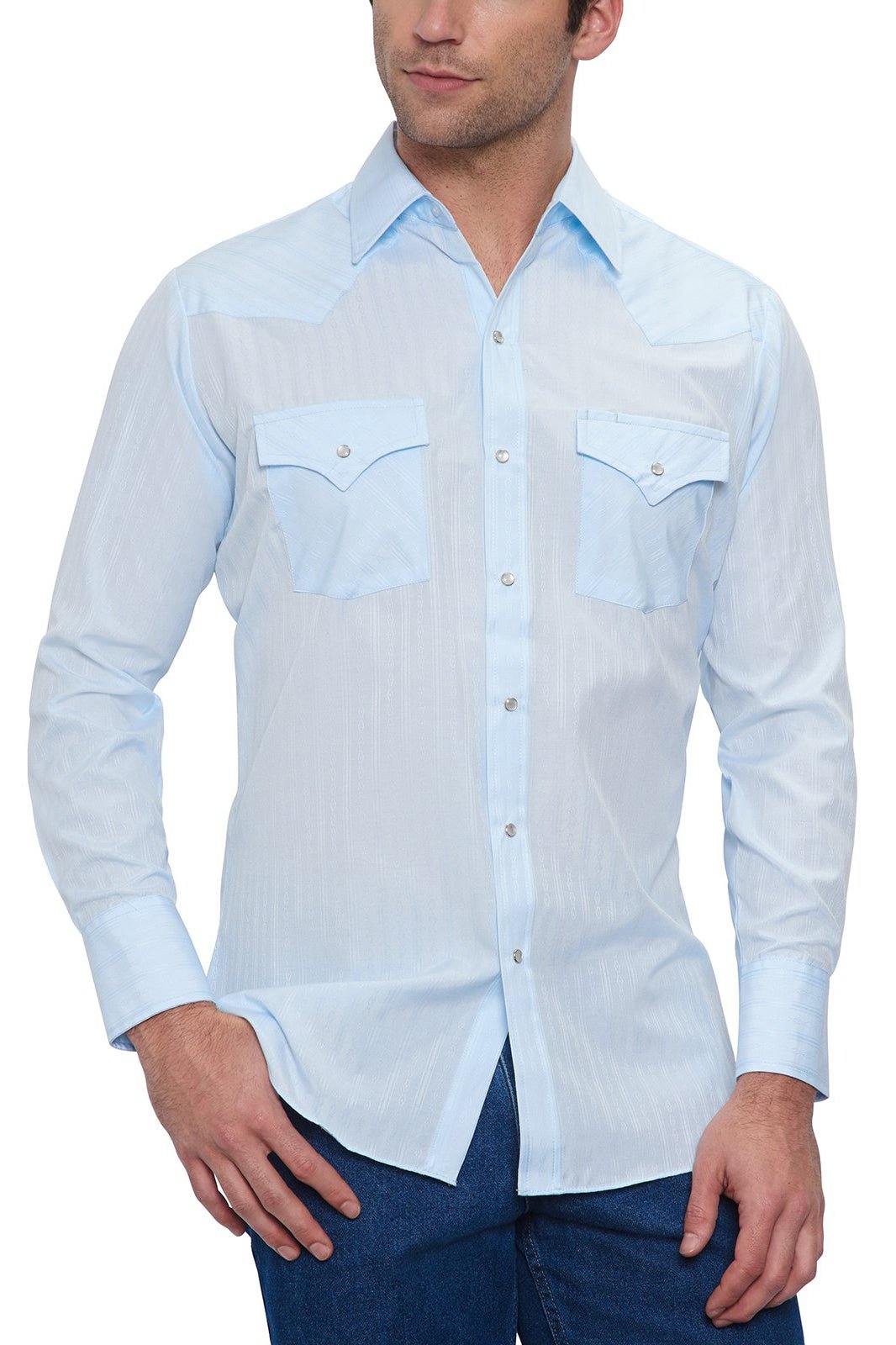Ely Cattleman Men's Tonal Blue Long Sleeve Solid Tone on Tone Western Snap Shirt - 15201934 - 82 - S