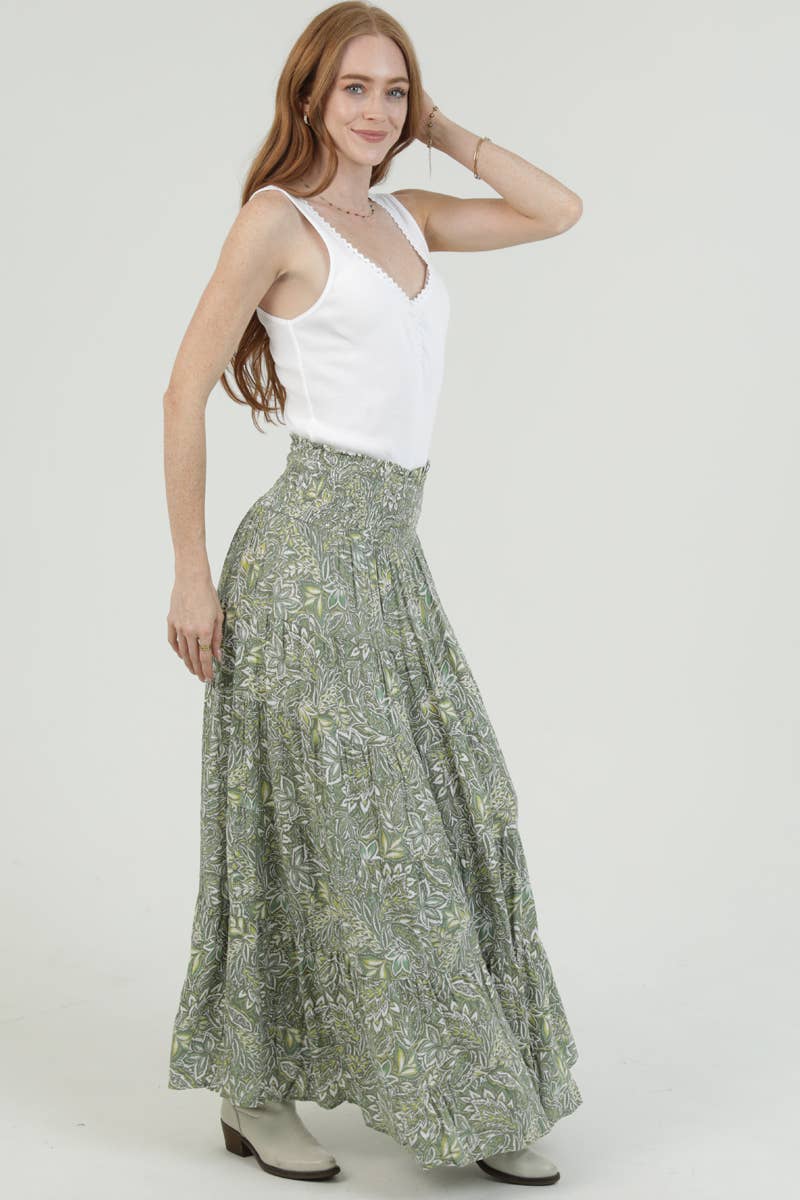 Angie Tiered Skirt with Smocked Waistband - Green
