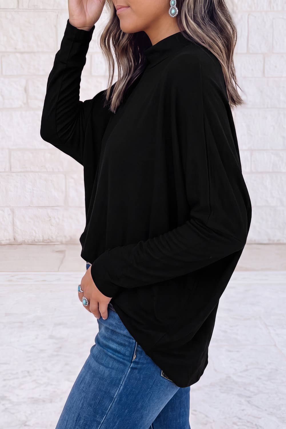 1 the Woman Oversized Mock Neck Long Sleeve Layering Basic Blouse - Black
