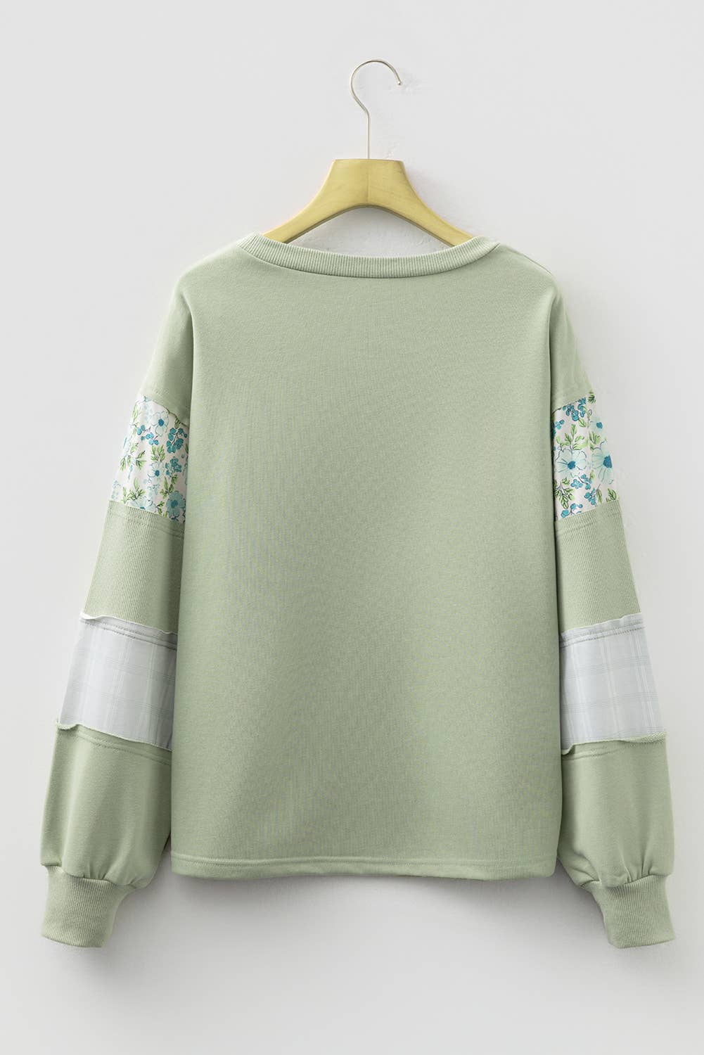 1 the Woman Floral Plaid Mixed Sleeve Raw Edge Relaxed French Terry Top - Laurel Green