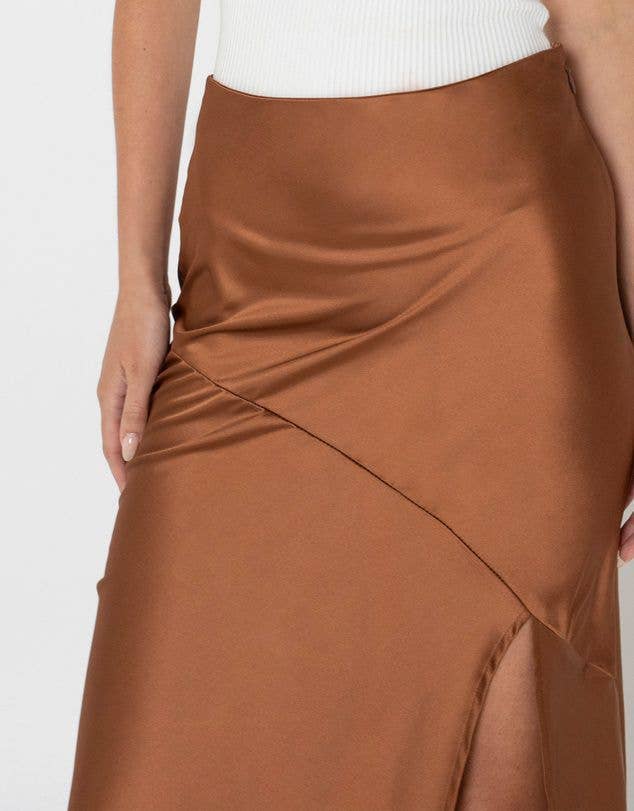 Rosa Clothing Satin Stylish High-Waisted Slit Skirt Brown