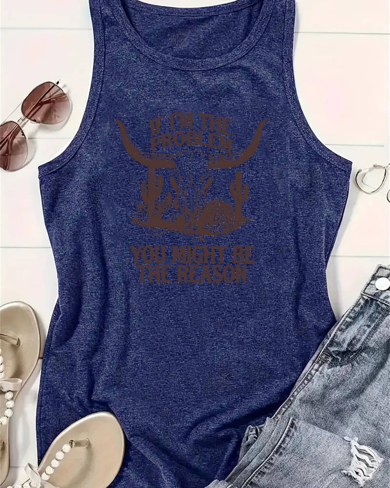 Rosa Clothing Western "If I'm the Problem" Bull Skull Graphic Tank Top - Blue