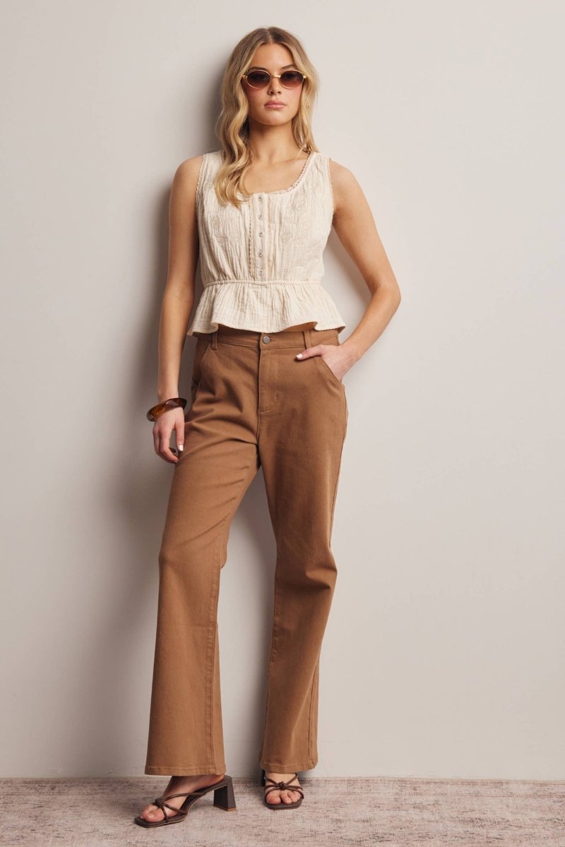 Forte Embroidered Peplum Cotton Tank Top - Ecru - FT0053-S
