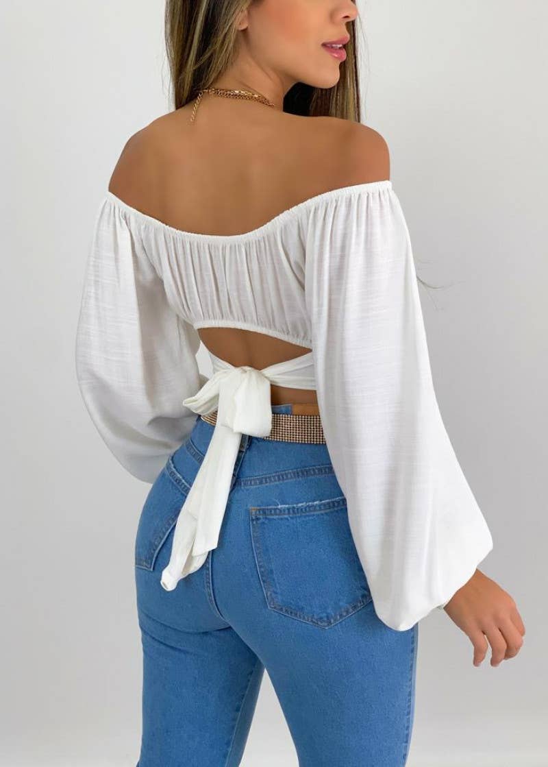 HIDDENBRAND Crop Top Balloon Sleeve Straight - Neck Shirt - White - HJW02410-White-S