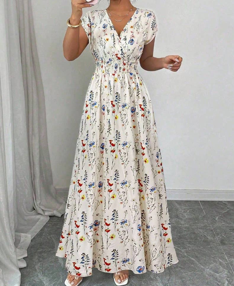 HIDDENBRAND Smocked Waist Cap Sleeve Floral Print Maxi Dress - Beige - HWJ03003-BEIGE-S