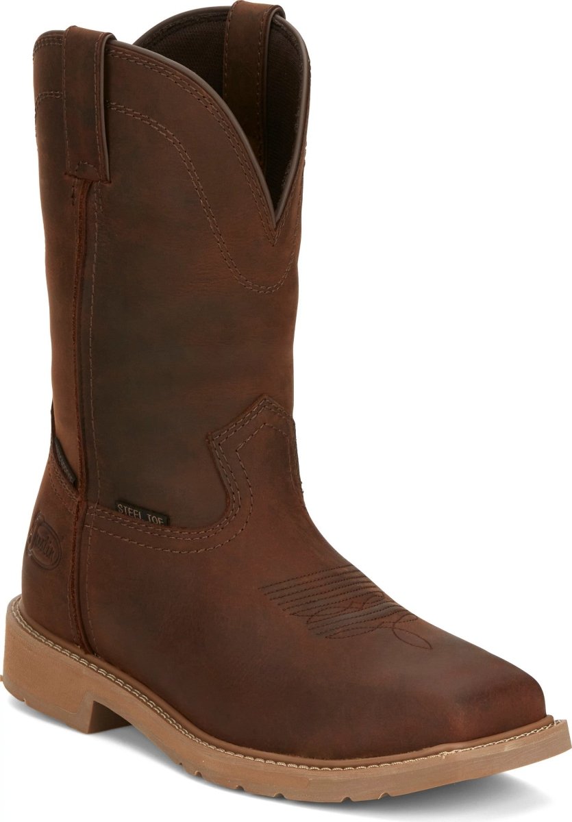 Justin Men's 11" Wide Square Steel Toe Pecan Brown Water Buffalo Work Boot - SE3101 - 8D