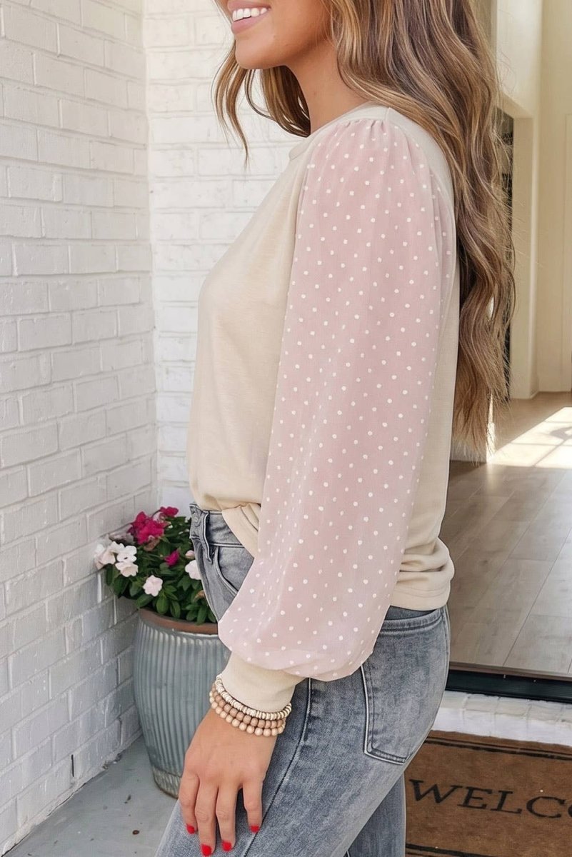 LA Society Las Polka Dot Bubble Sleeve Plus Size Blouse - Parchment - PL2515688-P6016-1X