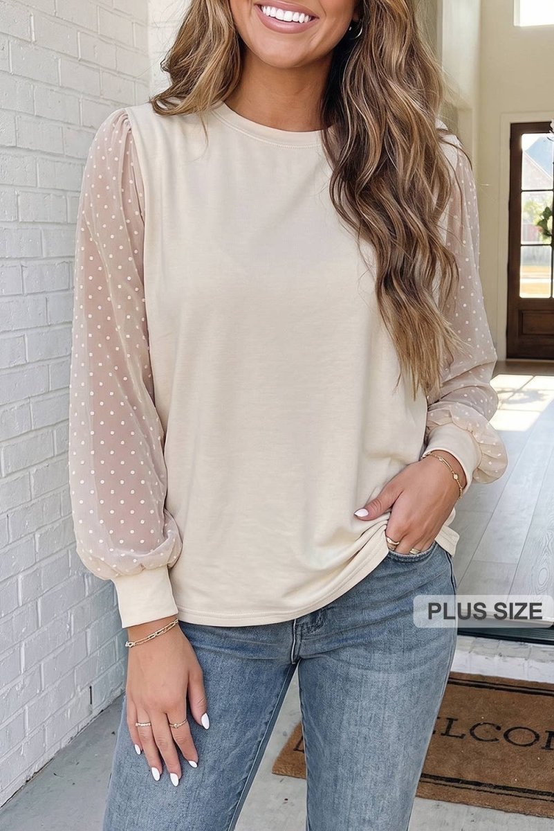 LA Society Las Polka Dot Bubble Sleeve Plus Size Blouse - Parchment - PL2515688-P6016-1X