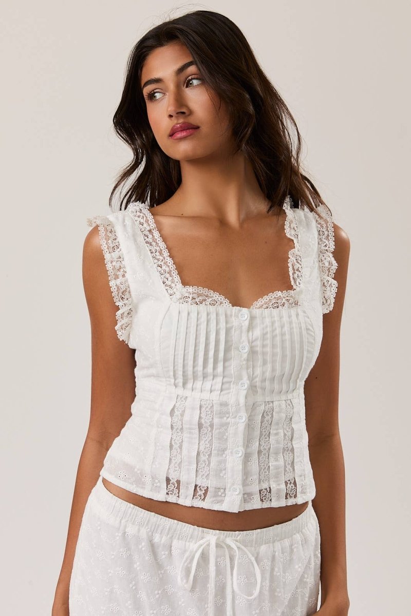Le Lis Sleeveless Square Neck Ruffle Top - White - IT6313-XS
