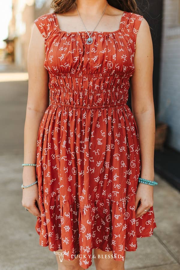 Lucky & Blessed Rust Cattle Brand Printed Thick Strap Flutter Dress - DR695-RST-S