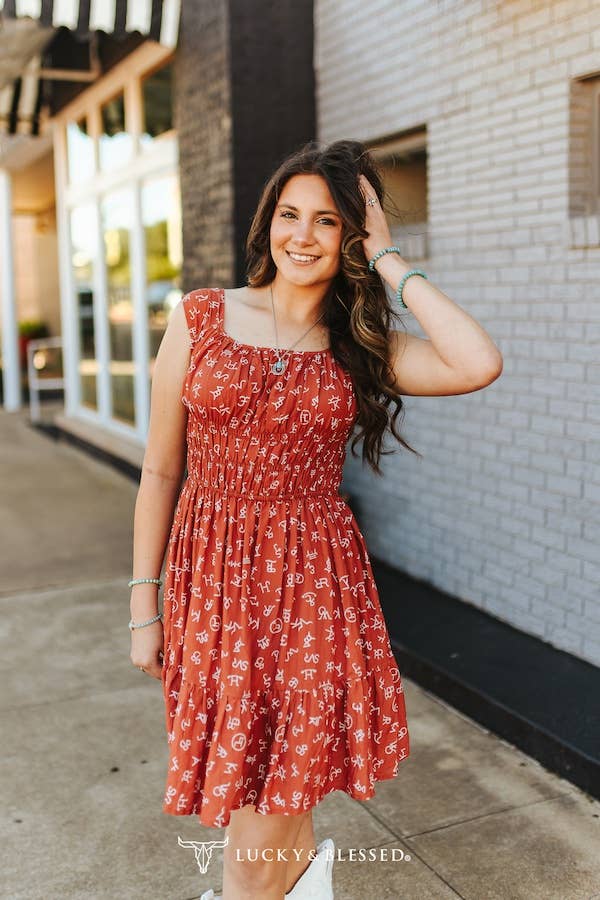 Lucky & Blessed Rust Cattle Brand Printed Thick Strap Flutter Dress - DR695-RST-S