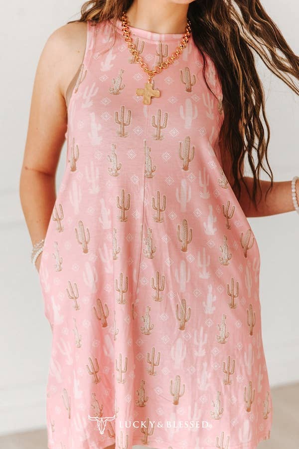 Lucky & Blessed Pink Cactus Printed Sleeveless Side Pocket Dress - DR769-CAC-S